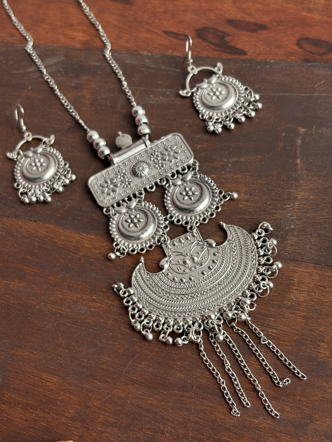 Banjara Oxidised Silver-Tone Statement Necklace & Earrings Set