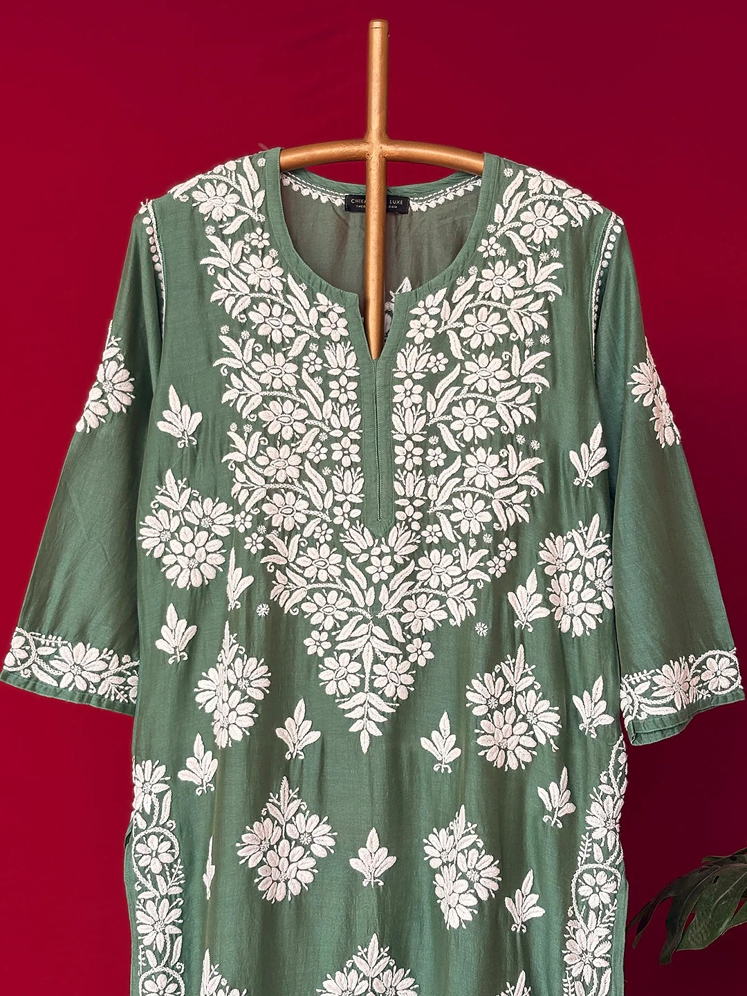Uzma Chanderi Chikankari Kurta - Green