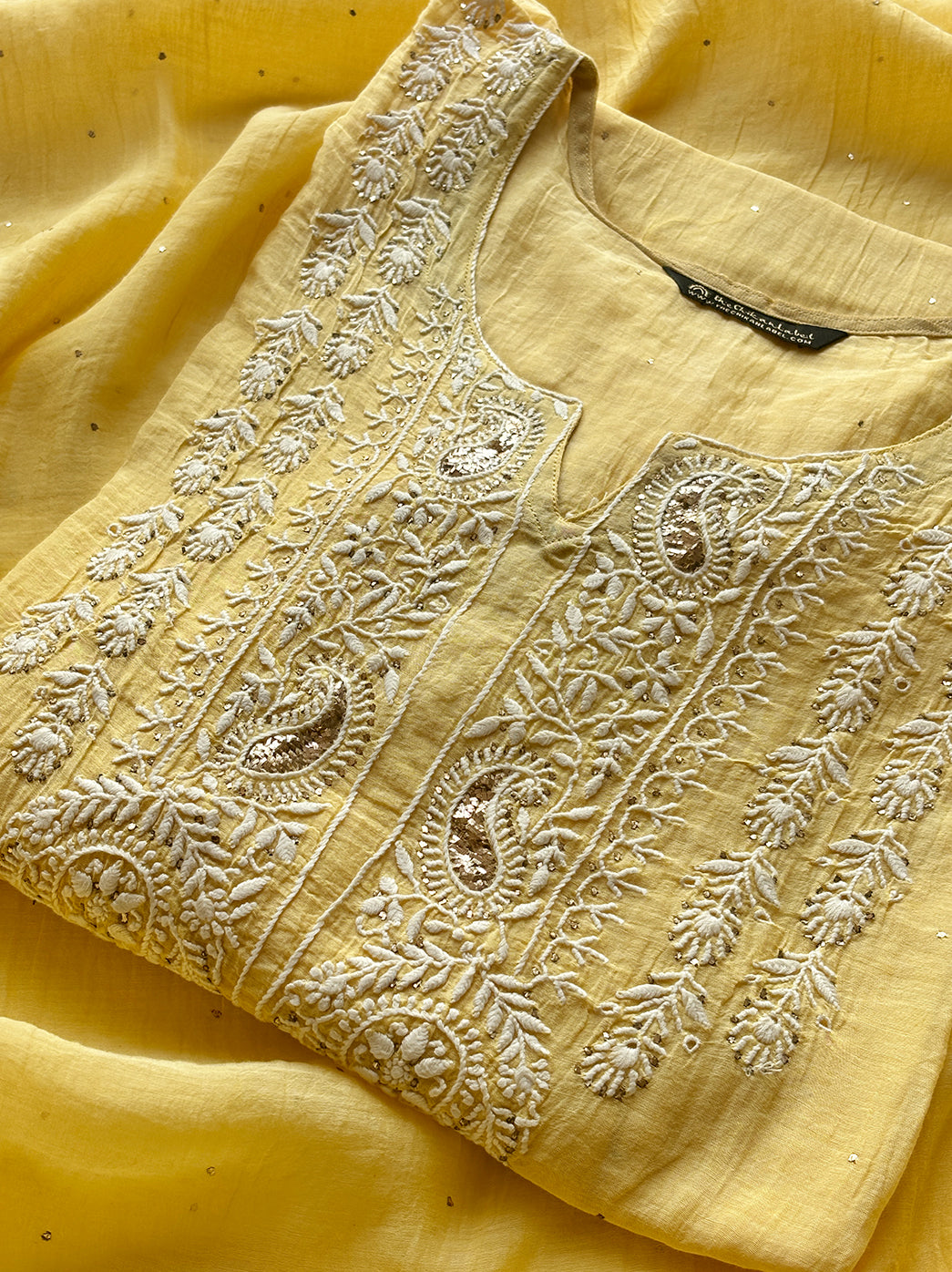 Yellow Mulmul Chanderi Semi-stitched Chikankari Suit with Dupatta