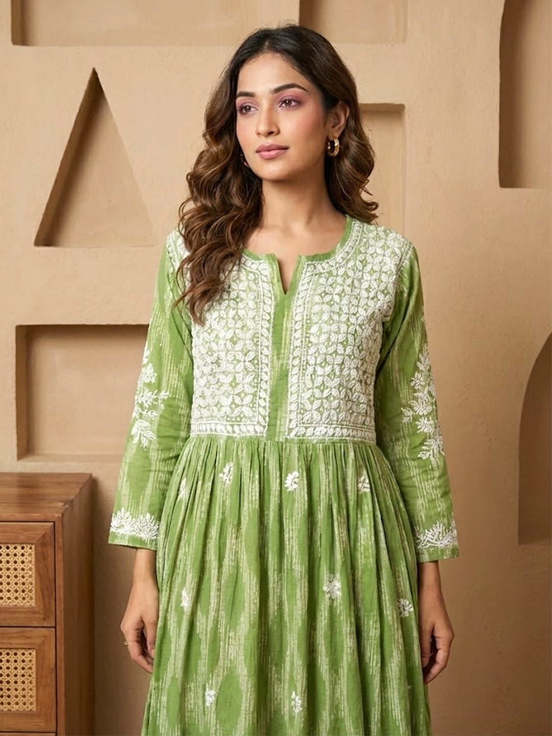 Green Mulmul Chikankari Anarkali Kurta