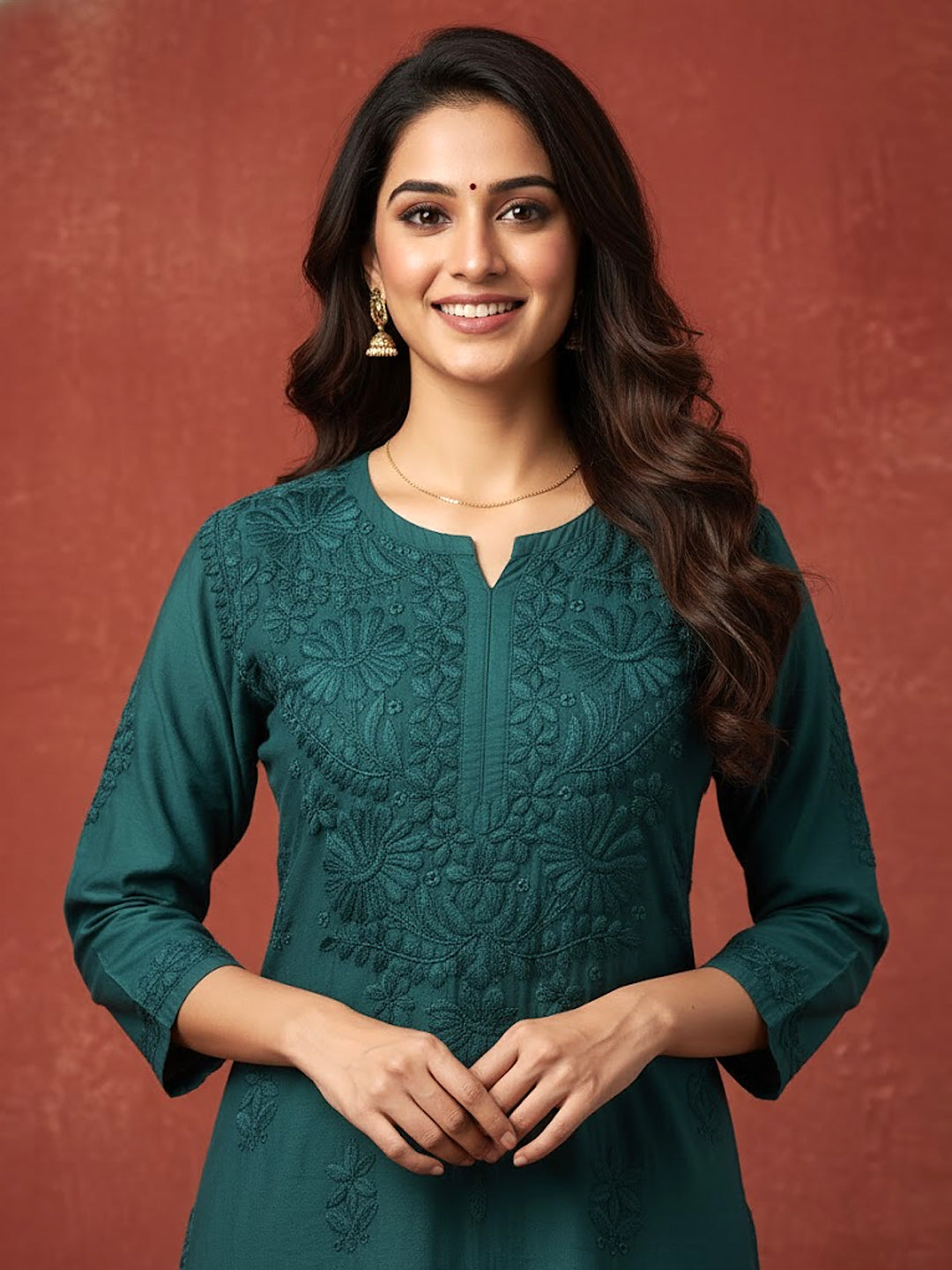 Teal Green Chanderi Chikankari Straight Kurti