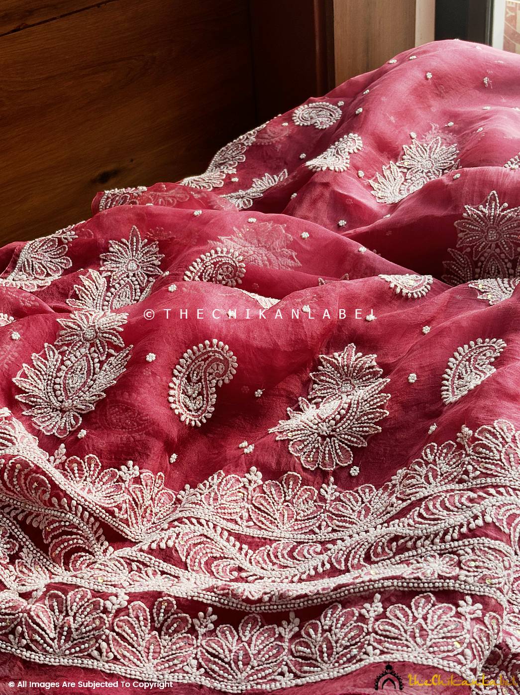 Maroon Husn Pure Organza Chikankari Saree