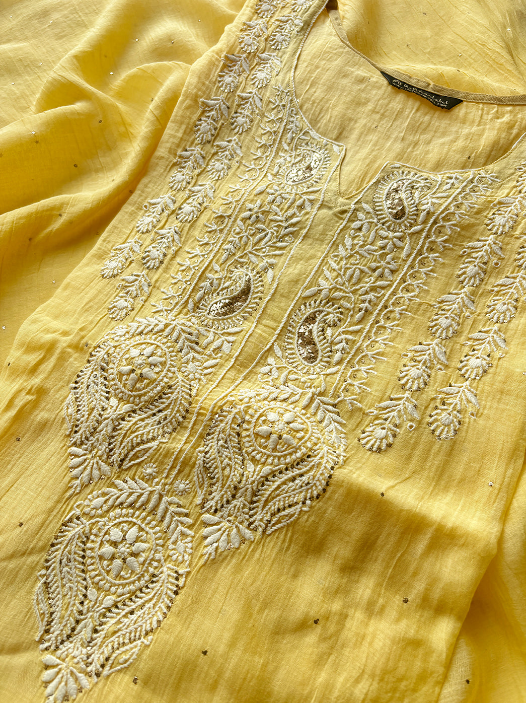 Yellow Mulmul Chanderi Semi-stitched Chikankari Suit with Dupatta