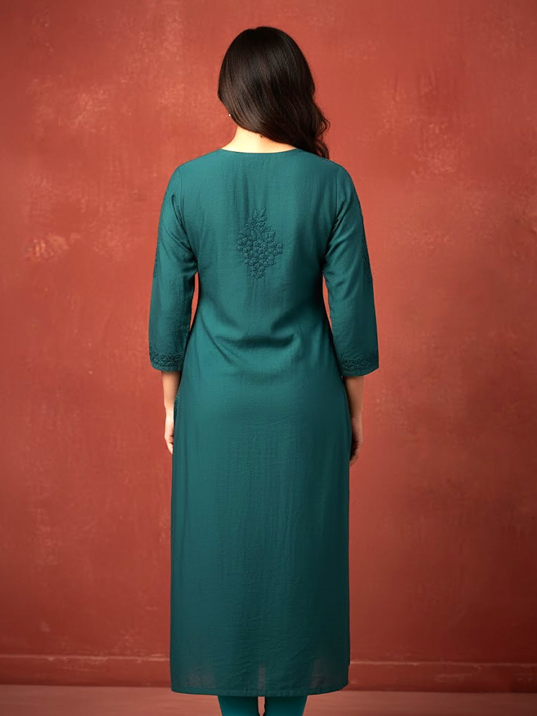 Teal Green Chanderi Chikankari Straight Kurti
