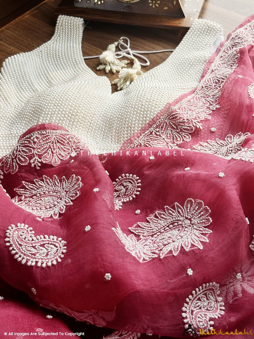 Maroon Husn Pure Organza Chikankari Saree