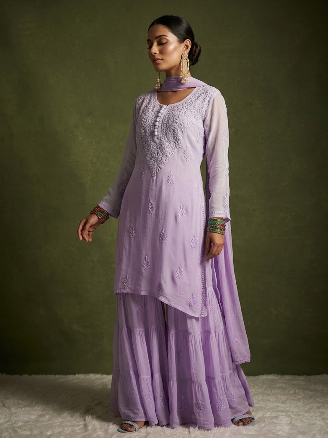 Lavender Haya viscose kurta set with embroidered kurti, traditional garara bottom and dupatta featuring delicate mukaish work for festive ethnic wear