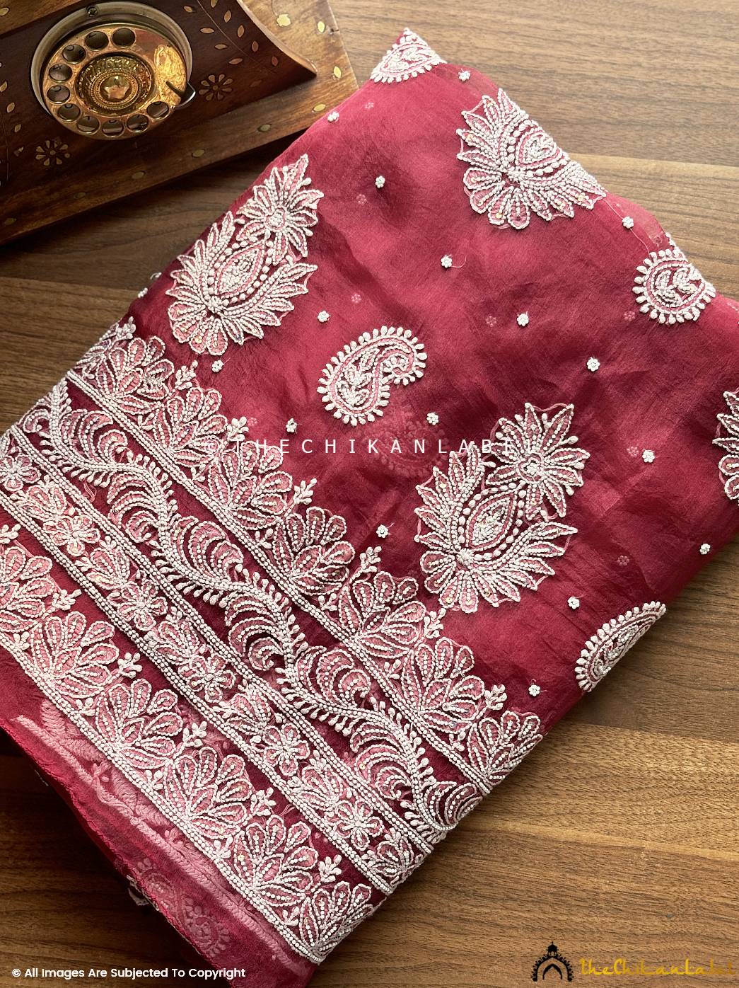 Maroon Husn Pure Organza Chikankari Saree