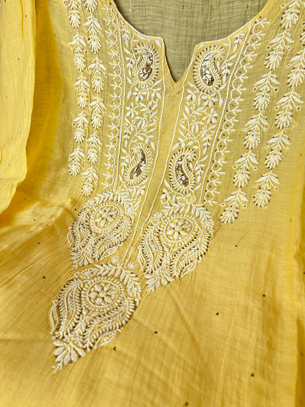 Yellow Mulmul Chanderi Semi-stitched Chikankari Suit with Dupatta