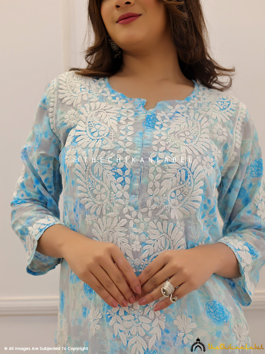 Blue Mulmul Printed Chikankari Straight Kurti