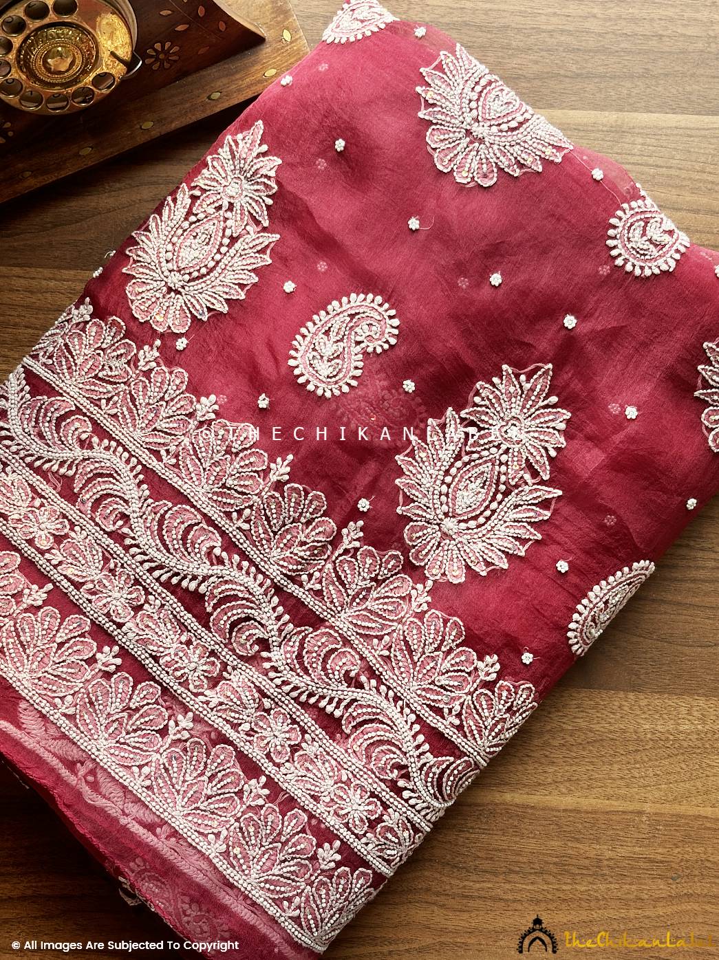 Maroon Husn Pure Organza Chikankari Saree