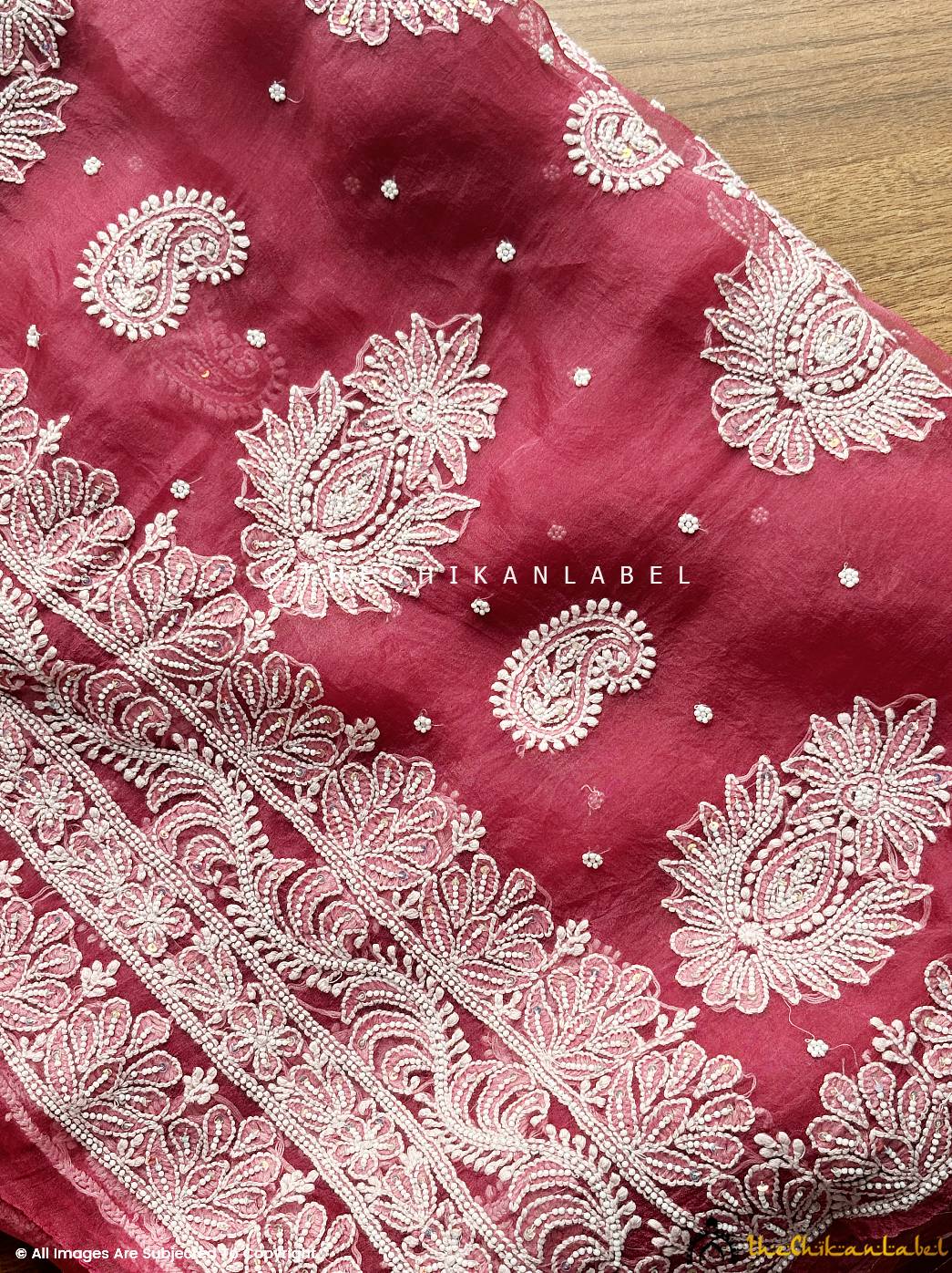 Maroon Husn Pure Organza Chikankari Saree