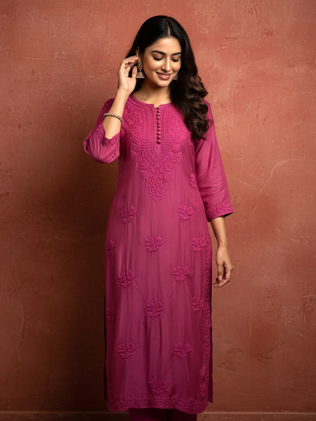 Hot Pink Muslin Chikankari Straight Kurti