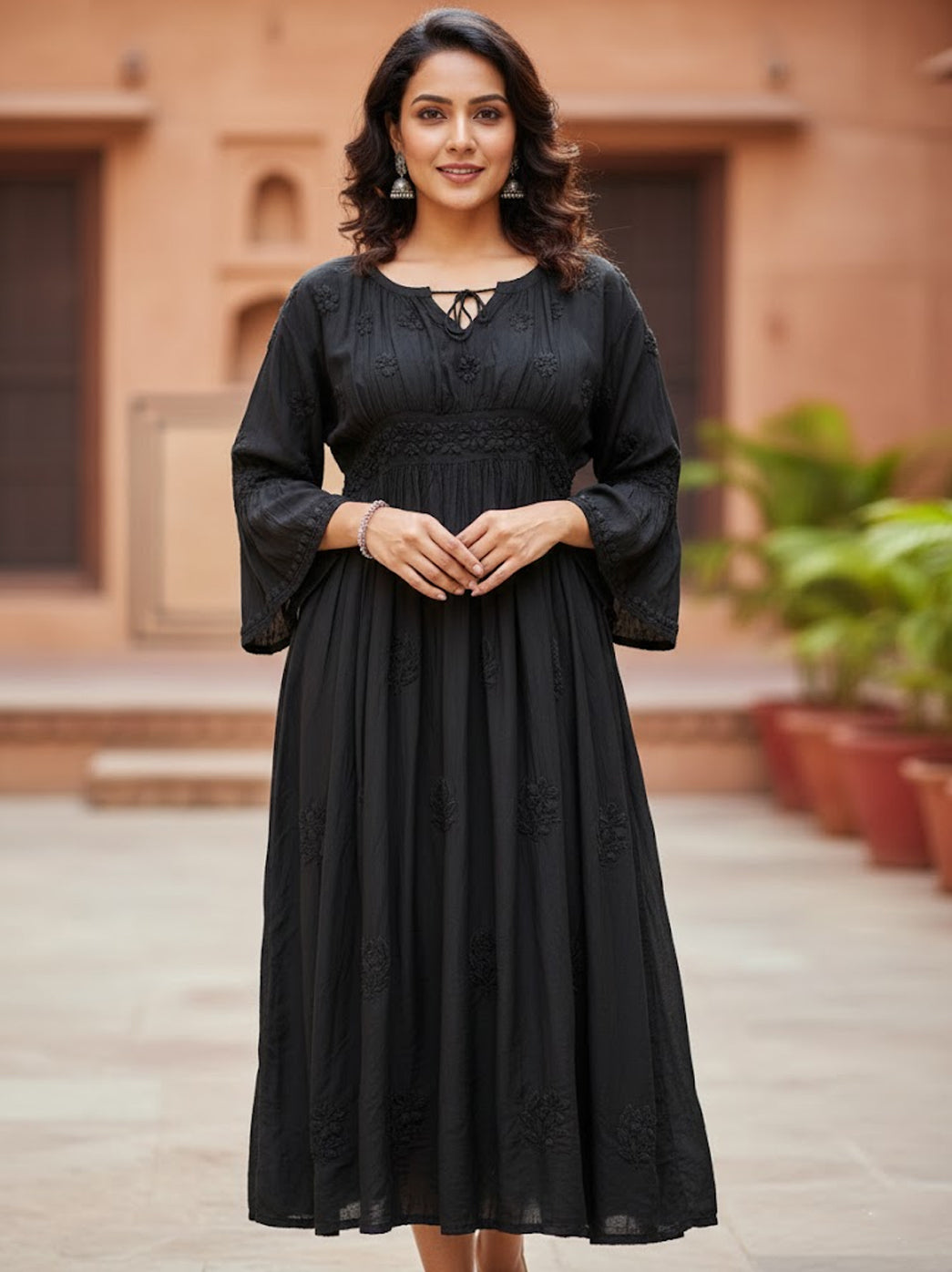 Black Muslin Chikankari A-Line Kurti