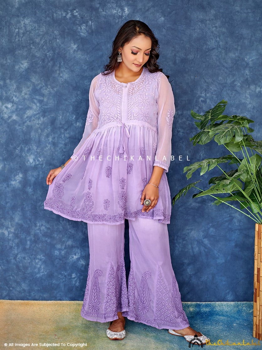 Ombre Purple Georgette Chikankari Short Kurta Set ,Chikankari Short Kurta Set in Georgette Fabric For Woman