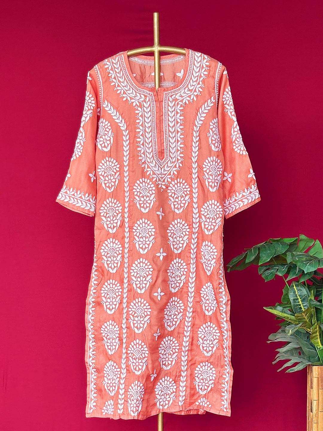 Wareeha Italian Silk Chikankari Kurta - Orange