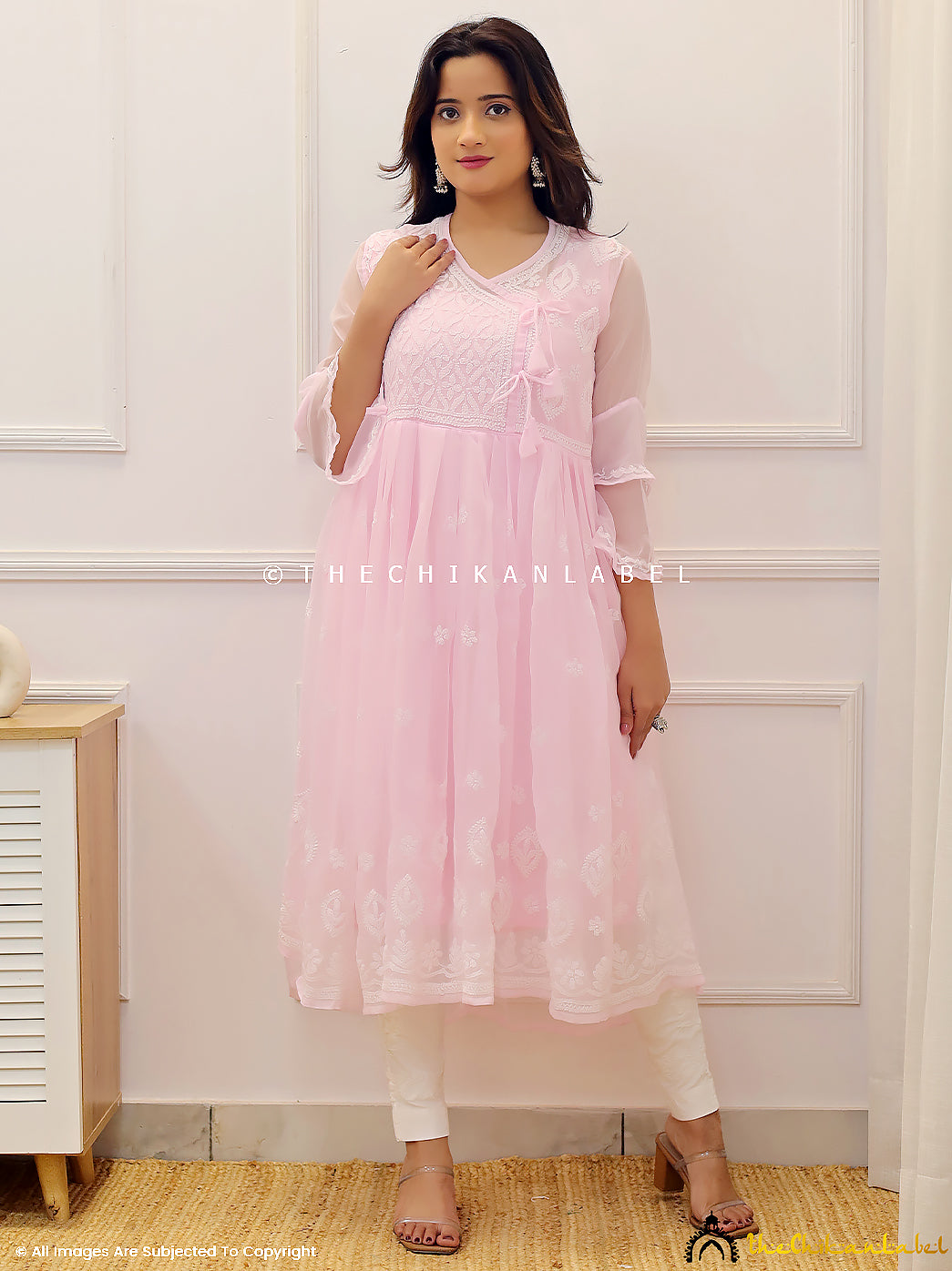 Baby Pink Georgette Chikankari Angarkha Kurti