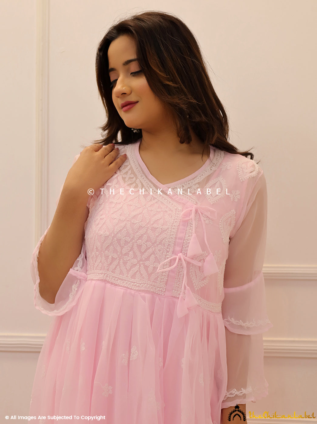 Baby Pink Georgette Chikankari Angarkha Kurti