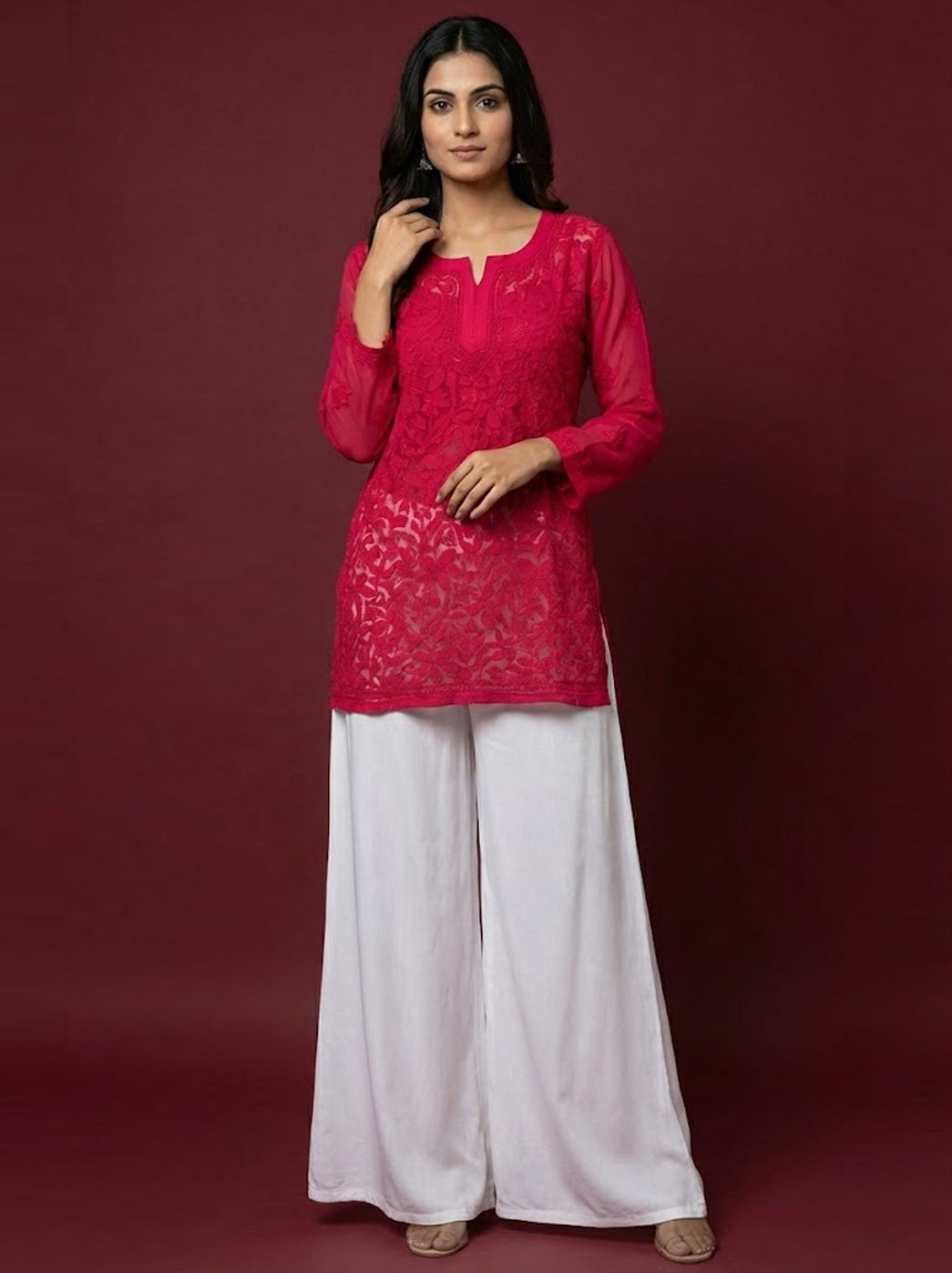 Red Georgette Chikankari Short Jaal Kurti