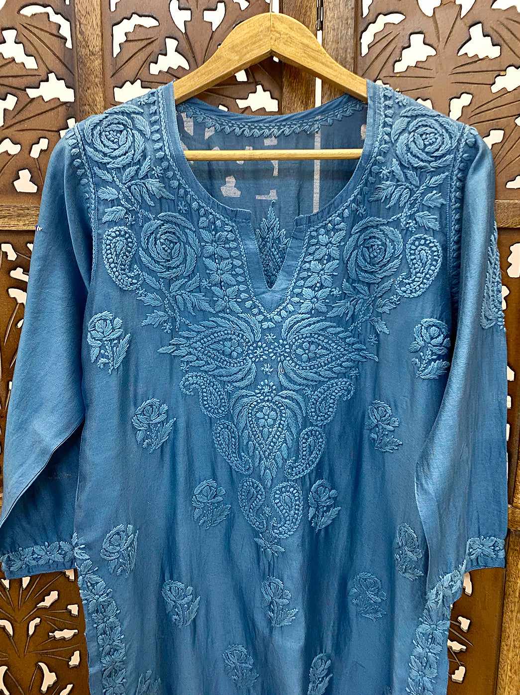 Teal Blue Chanderi Chikankari Straight Kurti