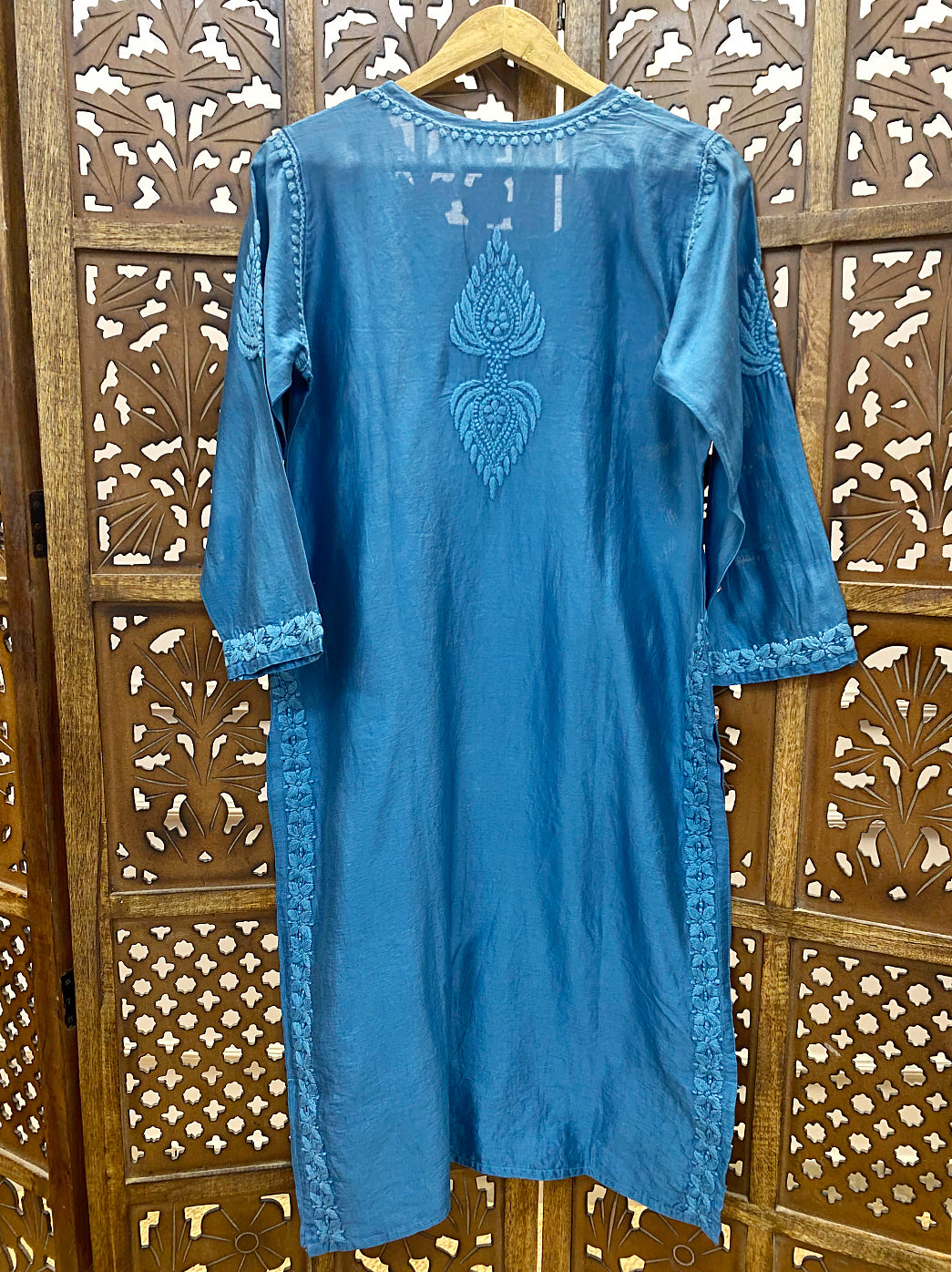 Teal Blue Chanderi Chikankari Straight Kurti