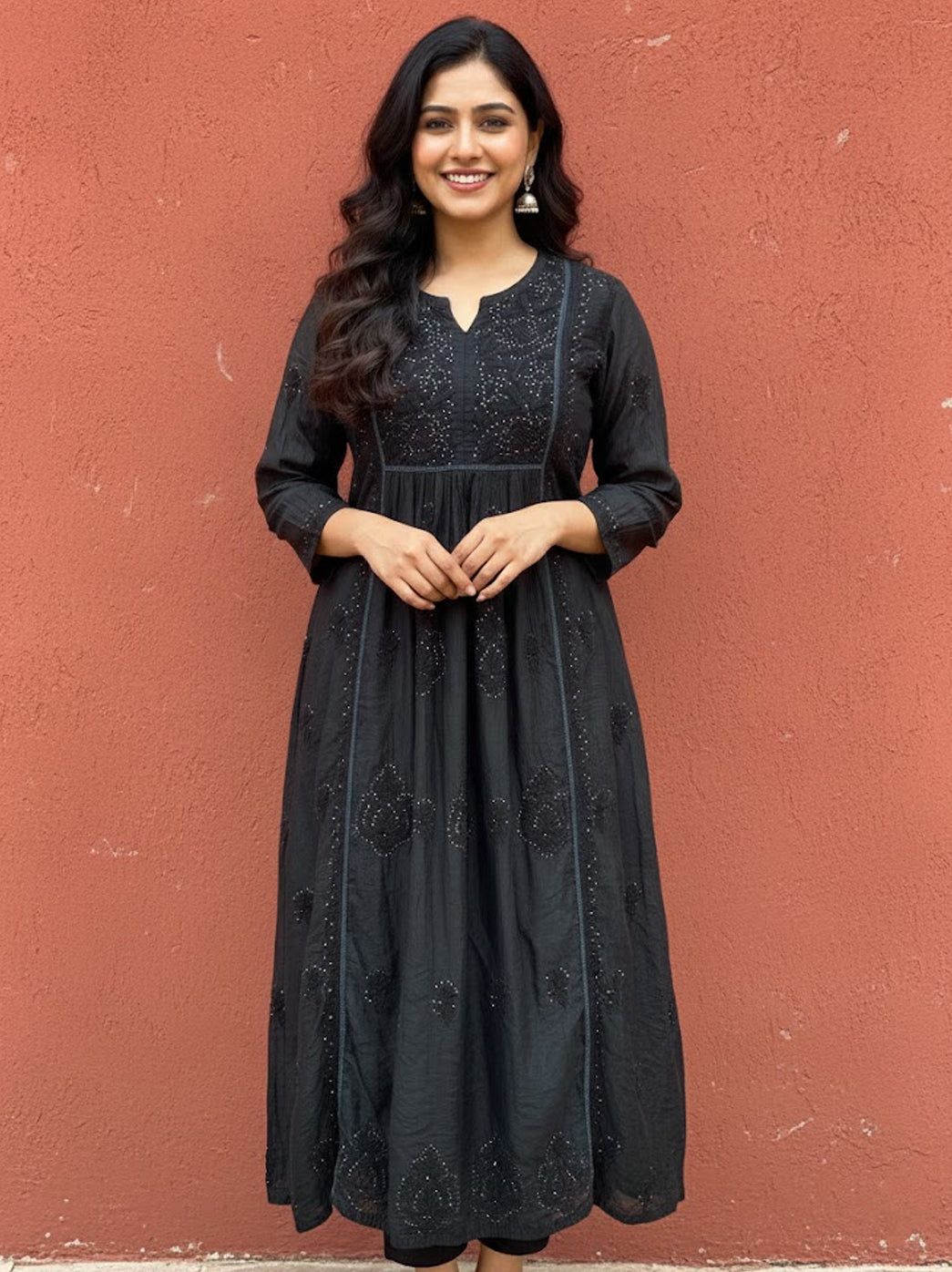 Black Chanderi Chikankari A-Line Kurti