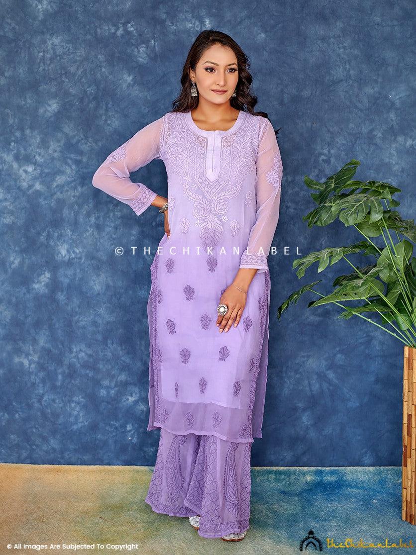 Ombre Purple Georgette Chikankari Short Kurta Set ,Chikankari Straight Kurta Set in Georgette Fabric For Woman
