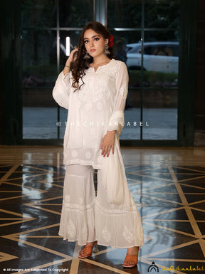 White Fida Viscose Chikankari Kurti Garara Set