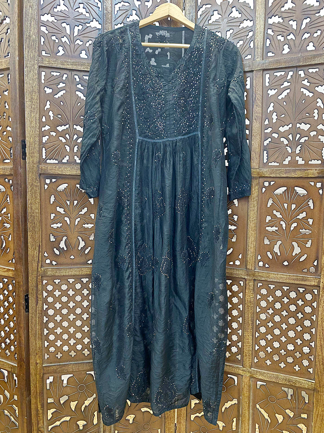 Black Chanderi Chikankari A-Line Kurti