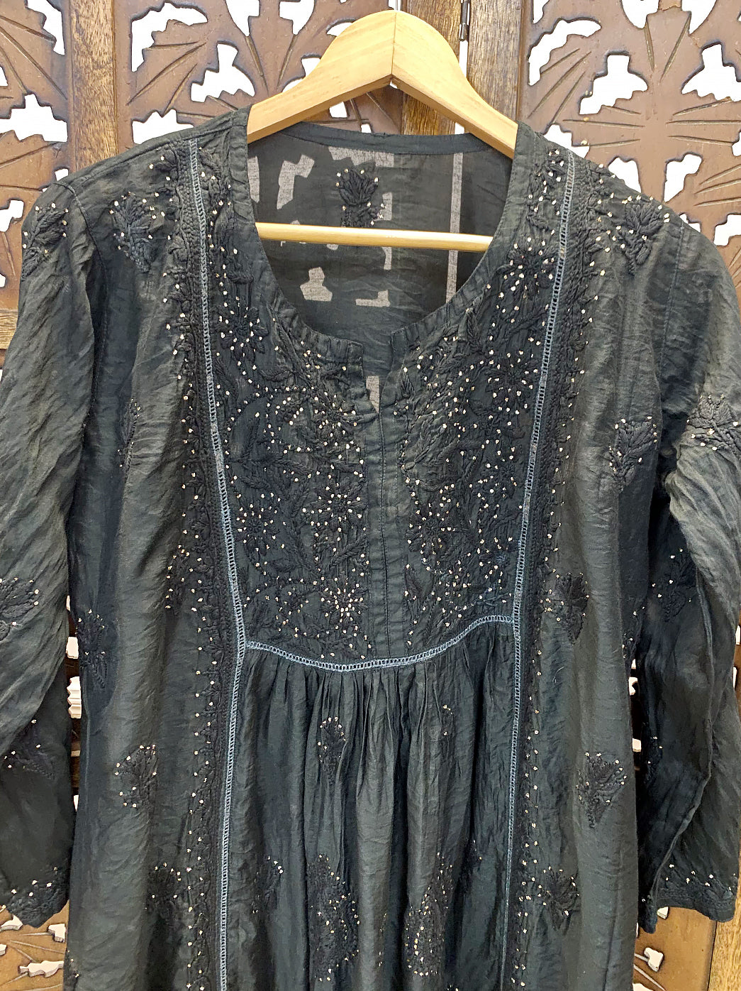 Black Chanderi Chikankari A-Line Kurti