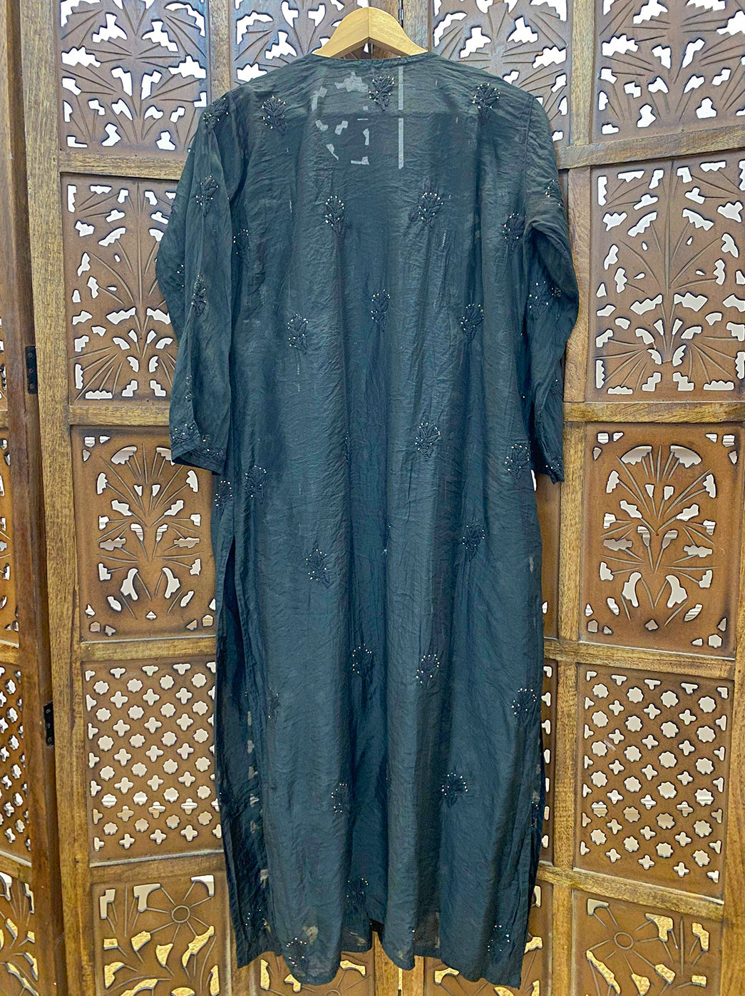 Black Chanderi Chikankari A-Line Kurti