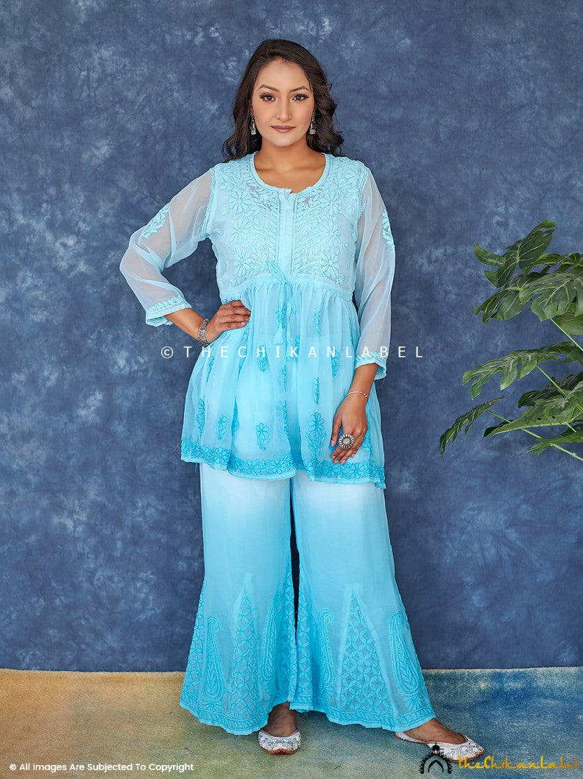 Ombre Blue Georgette Chikankari Short Kurta Set ,Chikankari Short Kurta Set in Georgette Fabric For Woman