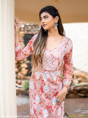 Peach Qaifa Mulmul Cotton Straight Chikankari Kurti