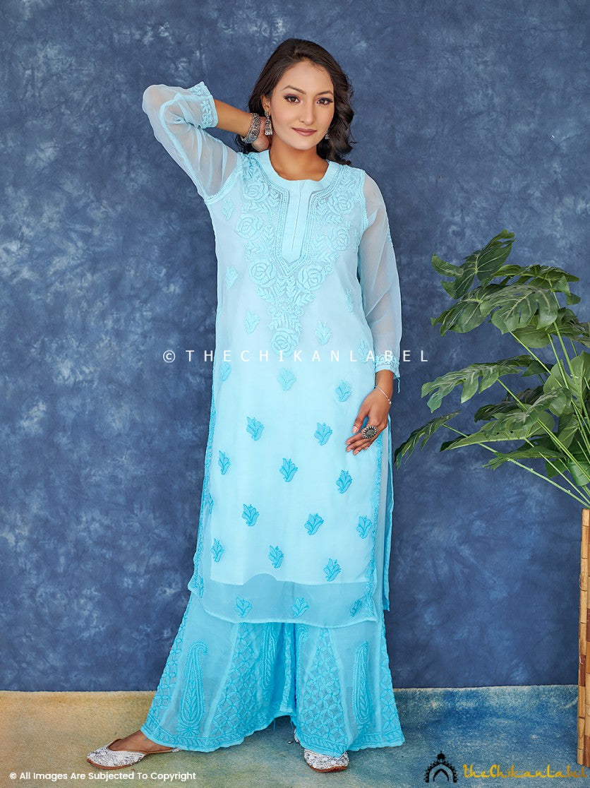 Ombre Blue Georgette Chikankari Straight Kurta Set ,Chikankari Short Kurta Set in Georgette Fabric For Woman