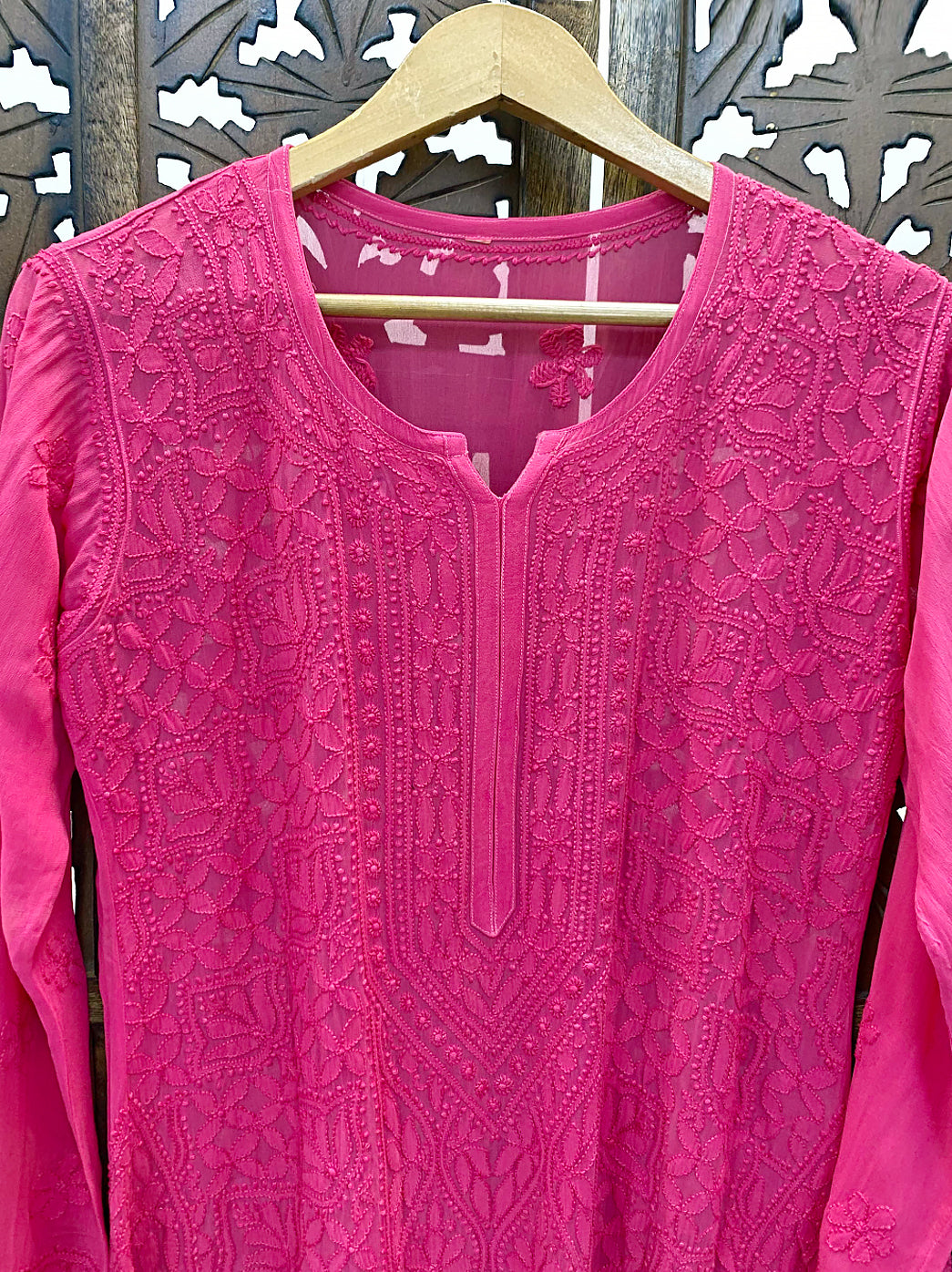 Hot Pink Viscose Chikankari Straight Kurti