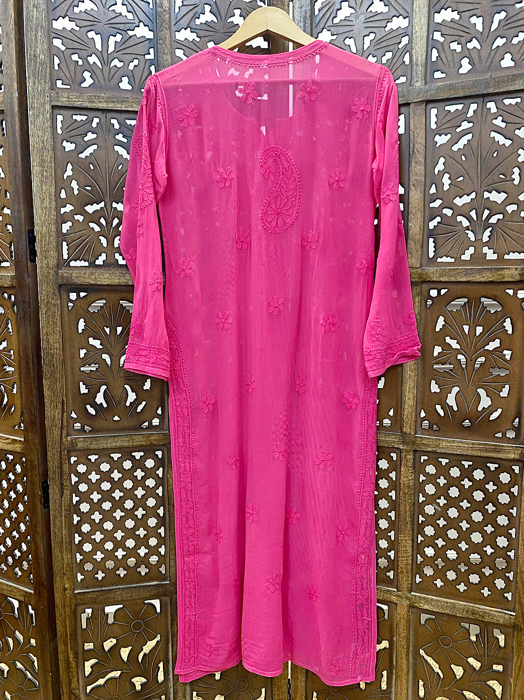 Hot Pink Viscose Chikankari Straight Kurti