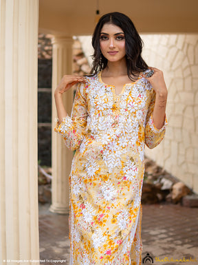 Yellow Qaifa Mulmul Cotton Straight Chikankari Kurti