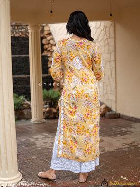 Yellow Qaifa Mulmul Cotton Straight Chikankari Kurti