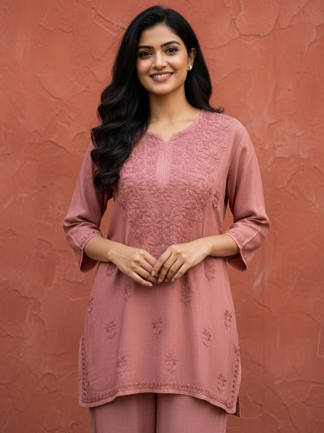 Coral Rayon Chikankari Short Top