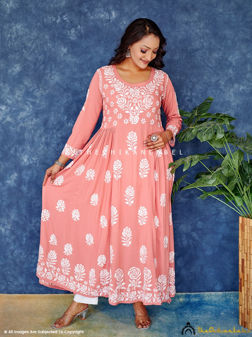 Peach Modal Chikankari Anarkali Kurta , Chikankari Anarkali Kurta in Modal fabric For Woman