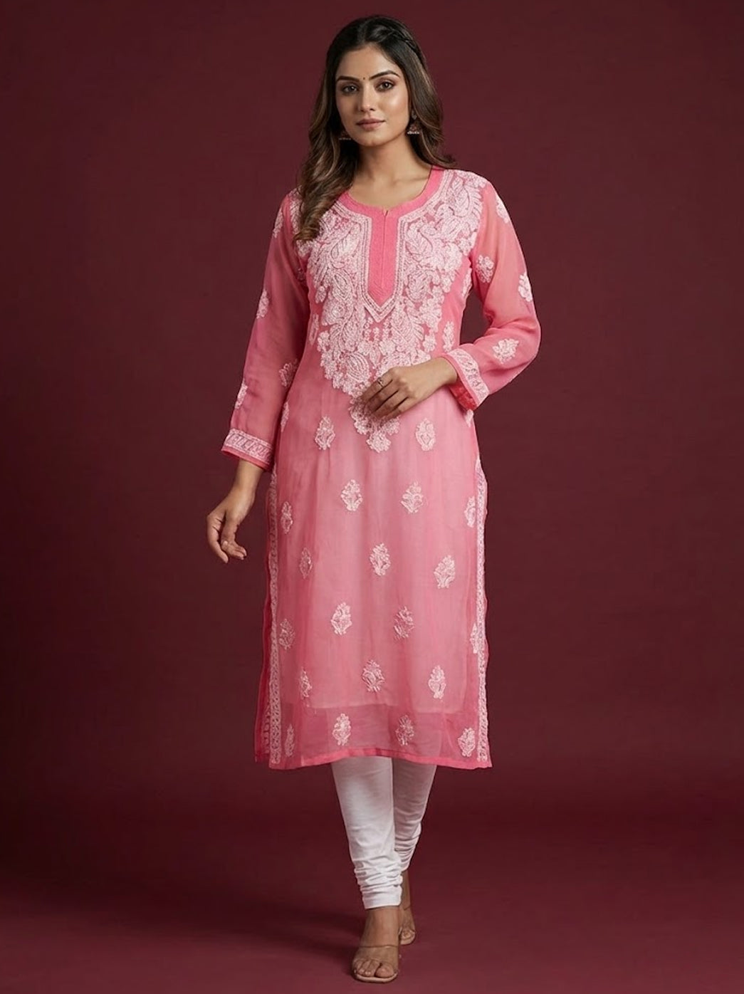 Peach Georgette Chikankari Straight Kurti