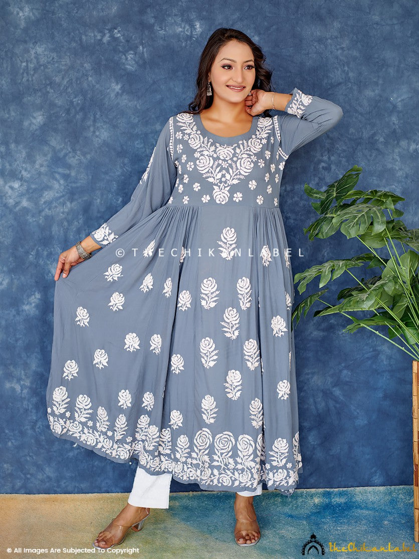 Grey Modal Chikankari Anarkali Kurta ,Chikankari Anarkali Kurta in Modal fabric for Woman
