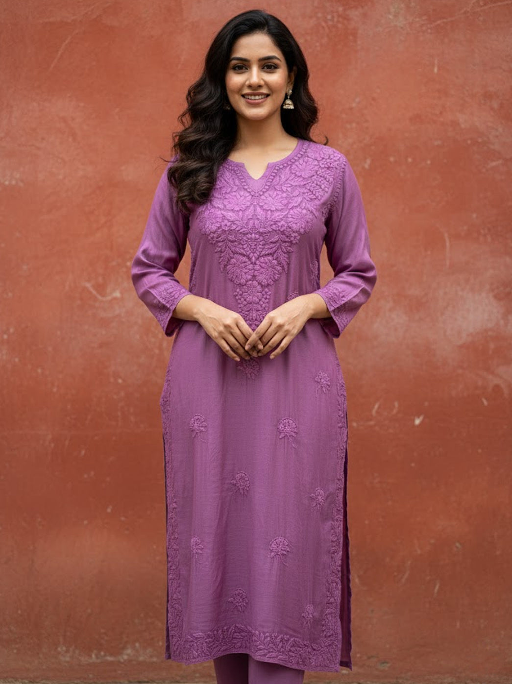 Lilac Muslin Chikankari Straight Kurti