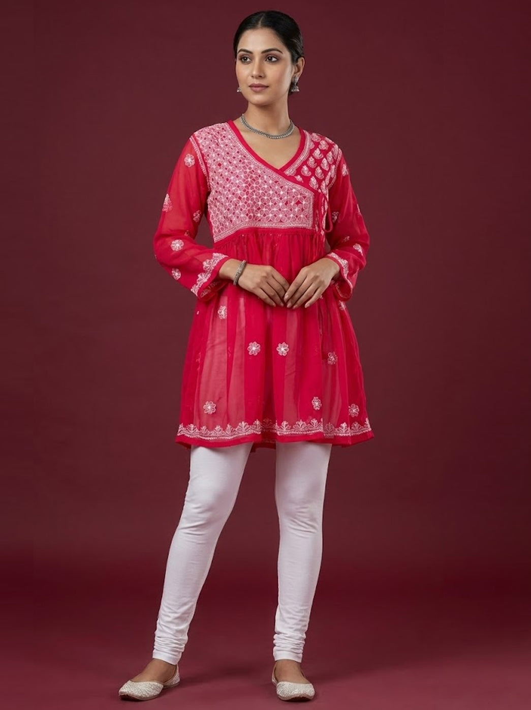 Red Georgette Chikankari Short Angrakha