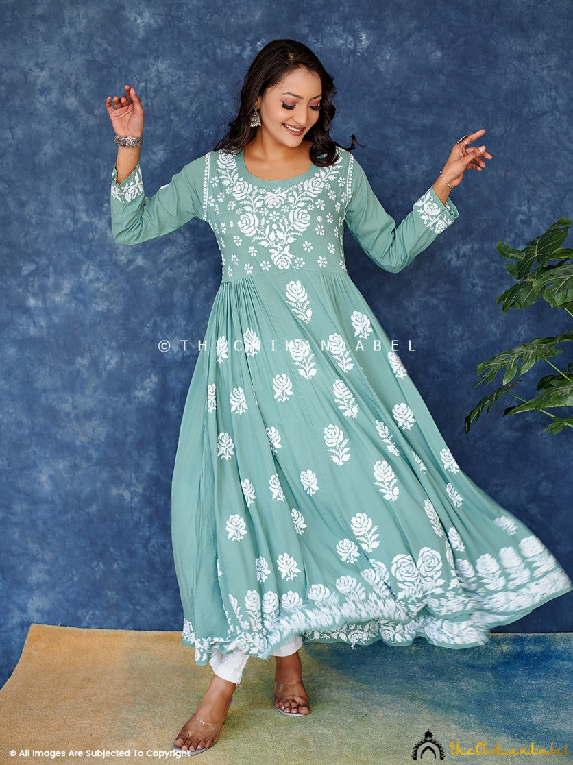 Green Modal Chikankari Anarkali Kurti ,Chikankari Anarkali Kurti in Modal Fabric For Woman