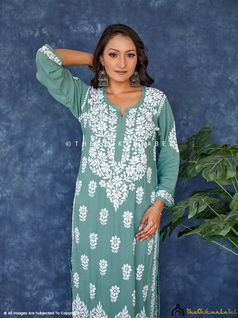 Green Sifar Modal Chikankari Straight Kurta ,Chikankari Straight Kurta in Modal Fabric For Woman