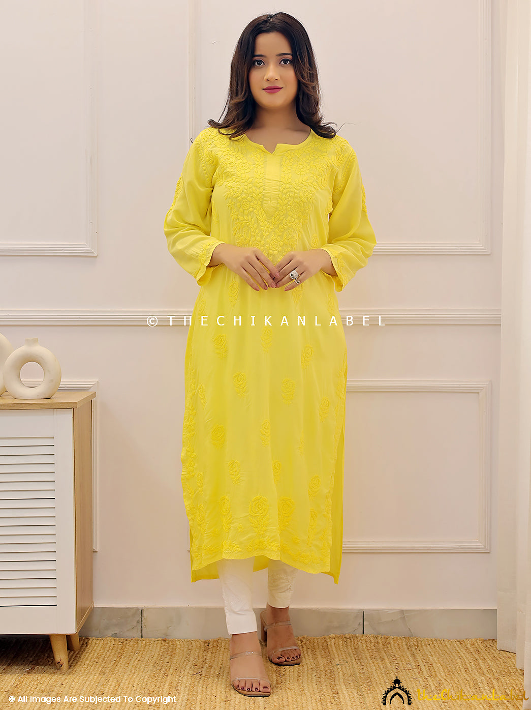 Yellow Modal Chikankari Straight Kurti