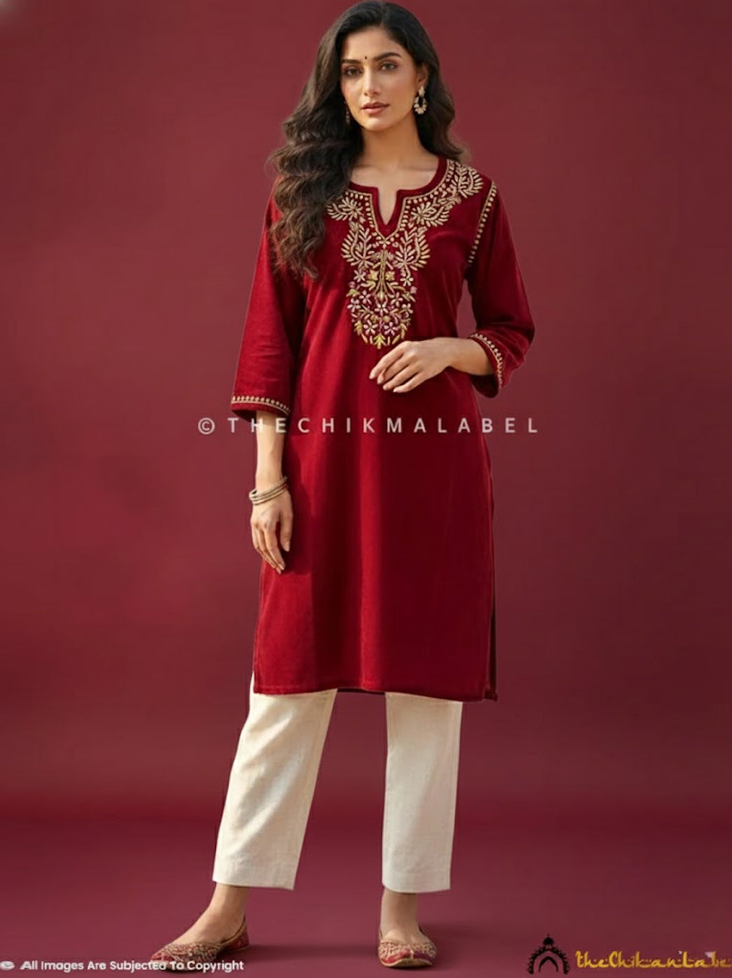 Zehra Velvet Chikankari Short Kurti - Maroon