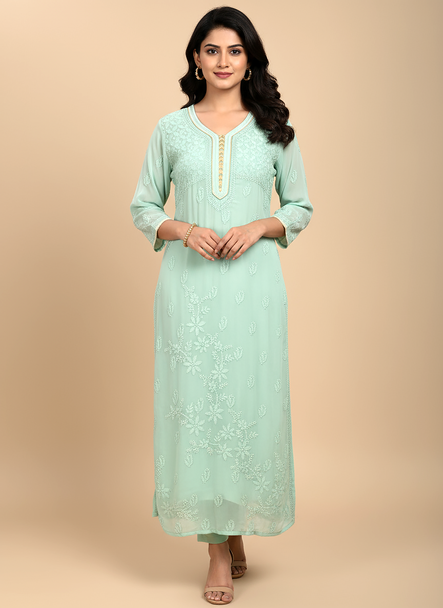 Green Viscose Chikankari Straight Kurti