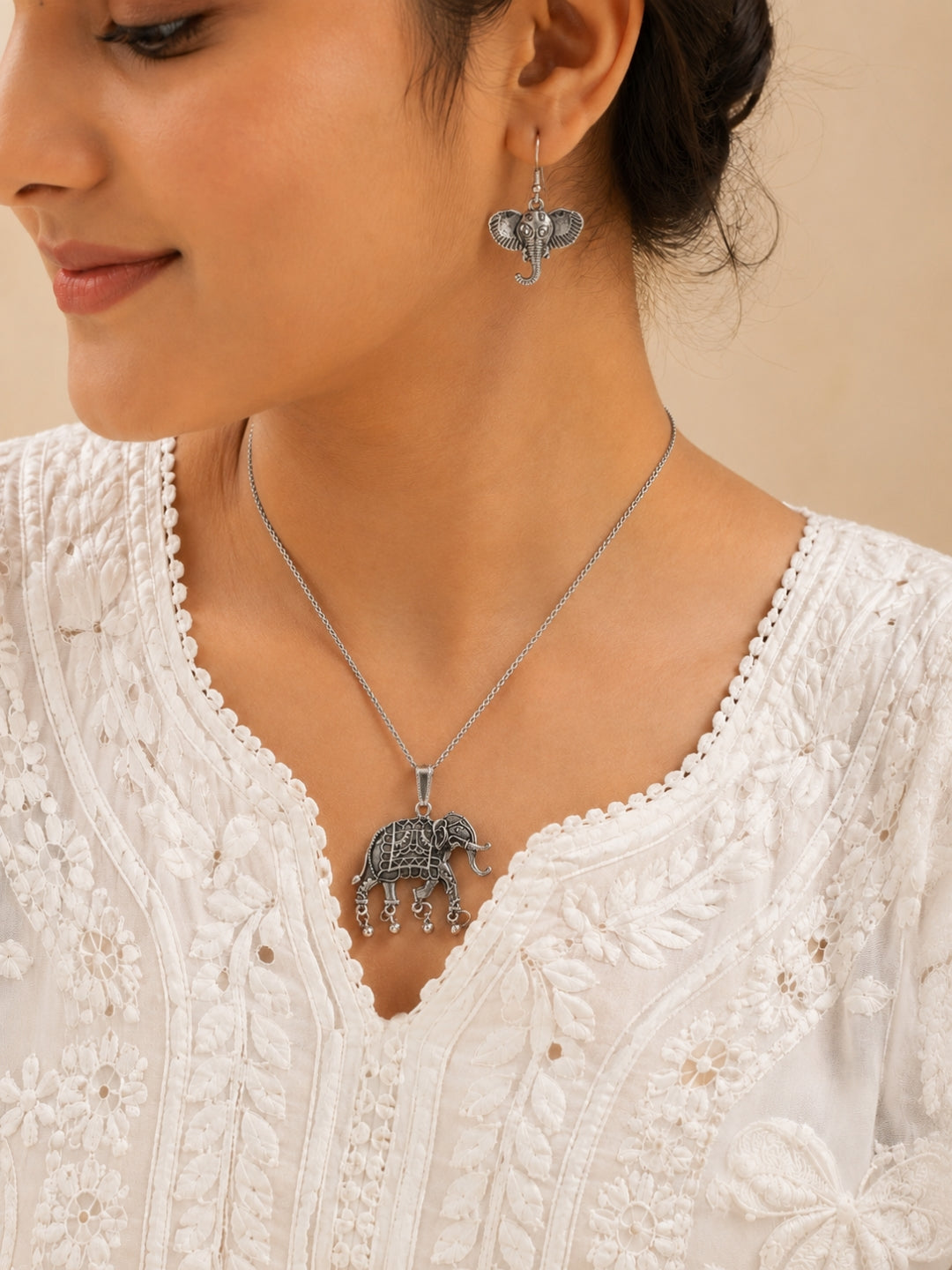 Gajraj Oxidised Silver-Tone Elephant Pendant Necklace & Earrings Set