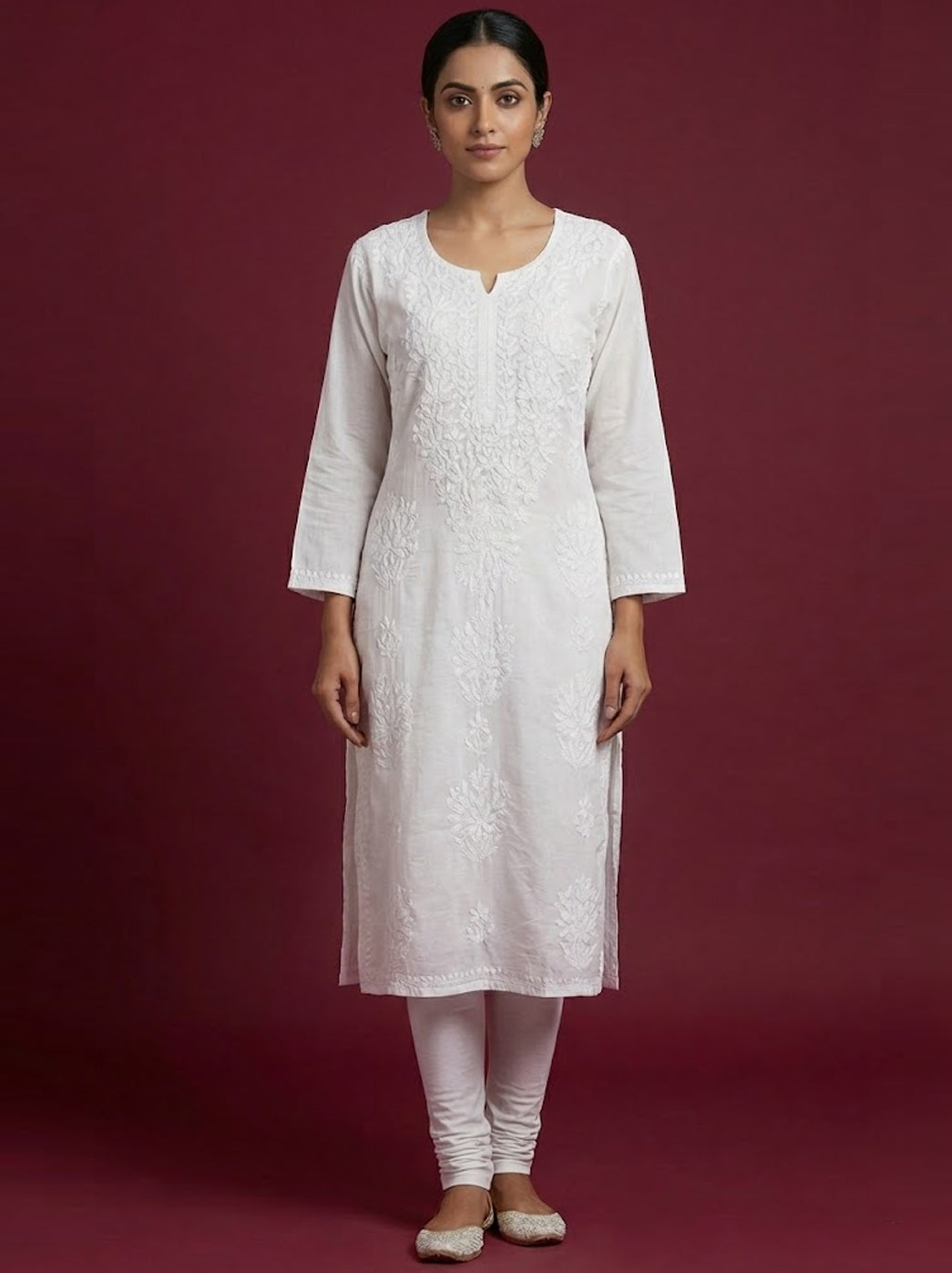 Alisha Chanderi Chikankari Straight Kurti - White